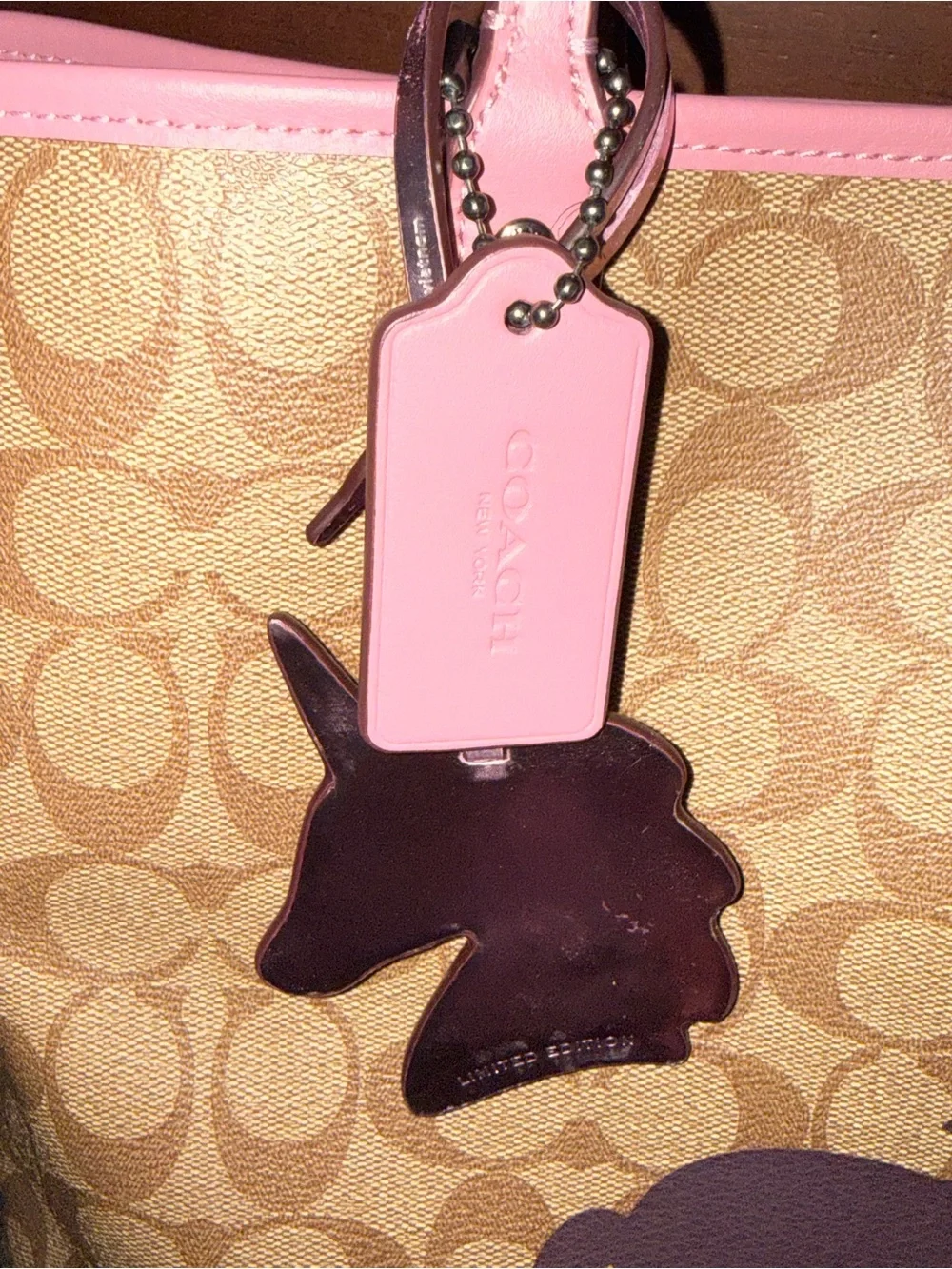 Coach Brown Signature Canvas Tote with Pink Trim and Unicorn Graphic